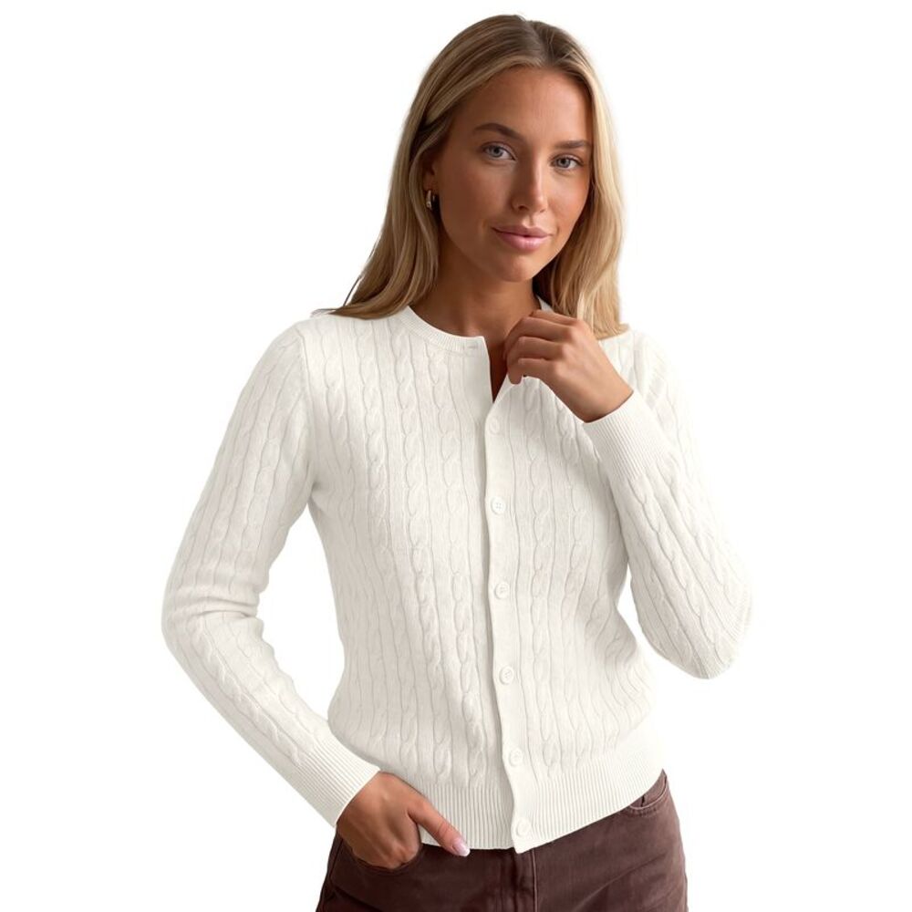 Women Crew Neck Long Sleeve Button Up Fall Winter Knitted Sweater White